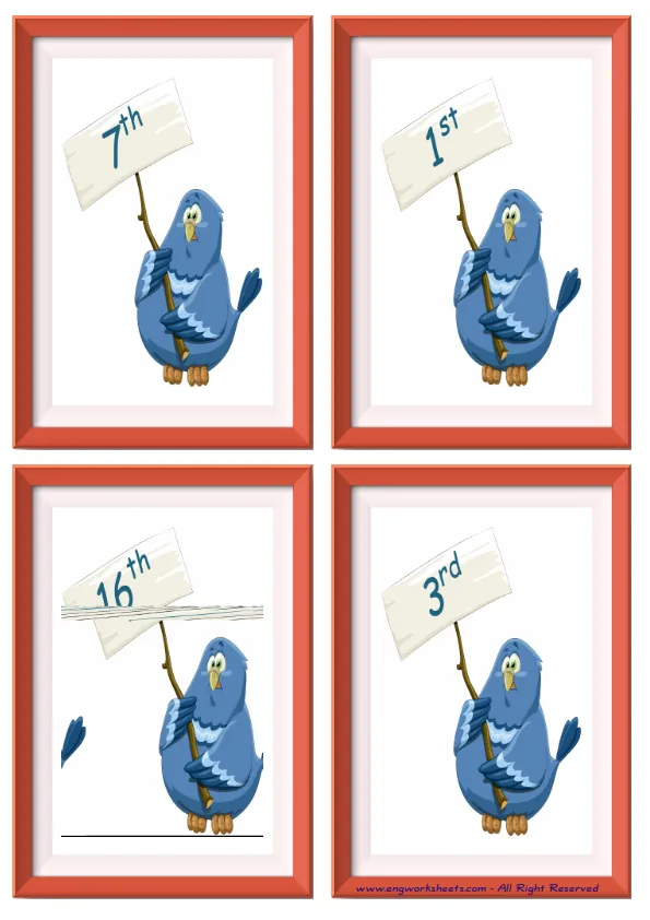 Quarter page ESL Flashcard without words containing Ordinal Numbers picture for kids and teachers.