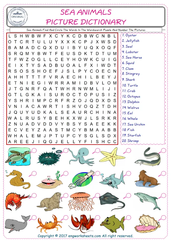 ESL wordsearch worksheets for kids, find Sea Animals words in the word wordsearch write its number on its picture English worksheet. Worksheet Preview