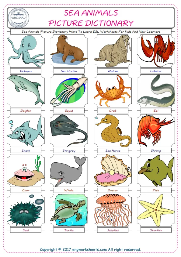 Sea Animals English Worksheet for Kids ESL Printable Picture Dictionary Worksheet Preview