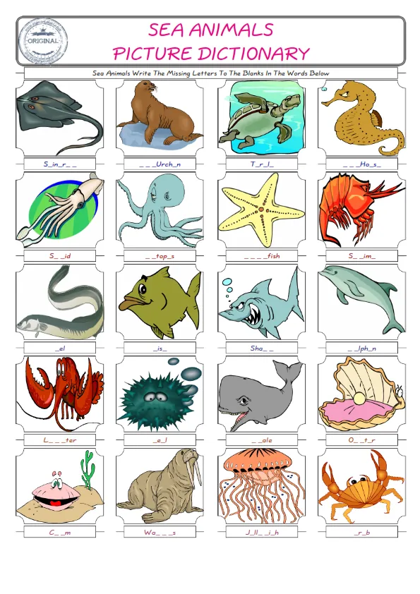 Sea Animals Words English worksheets For kids, the ESL Worksheet for finding and typing the missing letters of Sea Animals Words Worksheet Preview