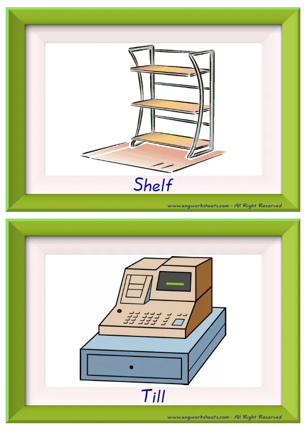 Half page ESL Flashcard together with words containing Shopping picture for kids and teachers.