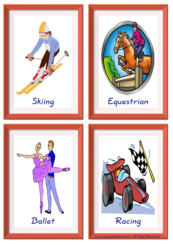 Quarter page ESL Flashcard together with words containing Sports picture for kids and teachers.