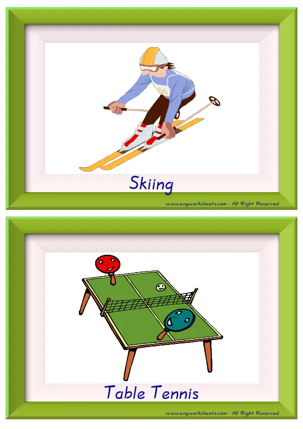 Half page ESL Flashcard together with words containing Sports picture for kids and teachers.