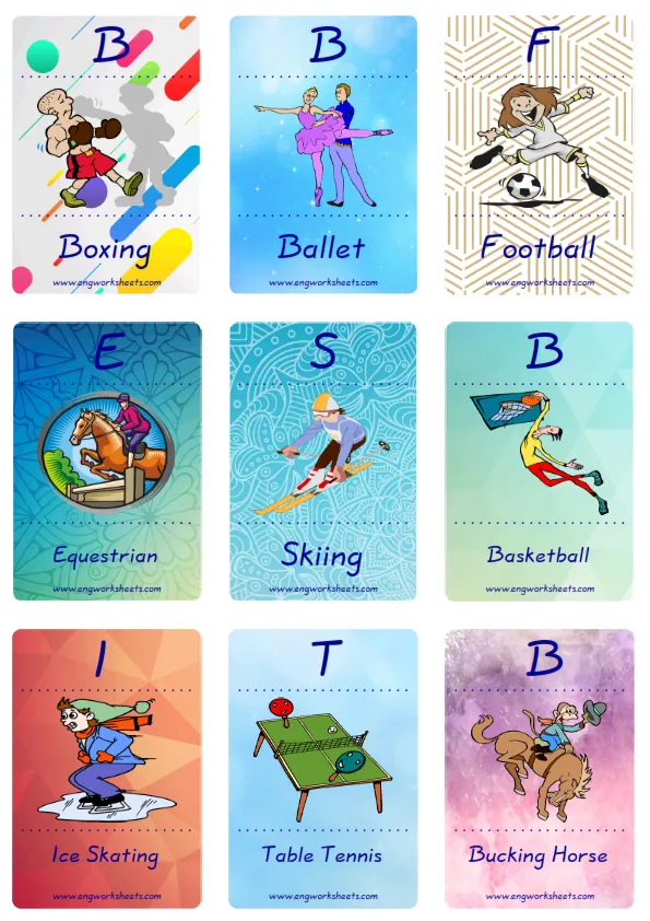 Mini size enjoyable ESL Flashcard Sports for kids and teachers.