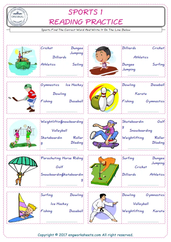 Check the picture of the Sports for kids ESL worksheet for supplying the correct one among five words into the blank place. Worksheet Preview