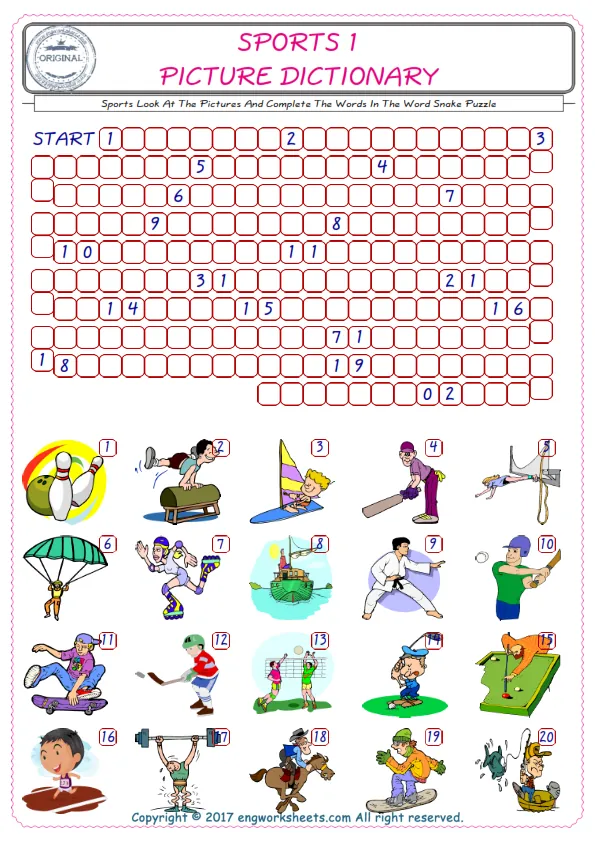 Check the Illustrations of Sports english worksheets for kids, and Supply the Missing Words in the Word Snake Puzzle ESL play. Worksheet Preview