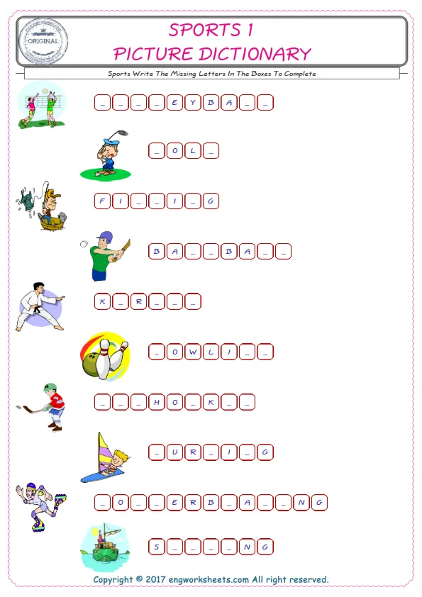 Type in the blank and learn the missing letters in the Sports words given for kids English worksheet. Worksheet Preview