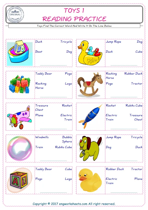 Check the picture of the Toys for kids ESL worksheet for supplying the correct one among three words into the blank place. Worksheet Preview