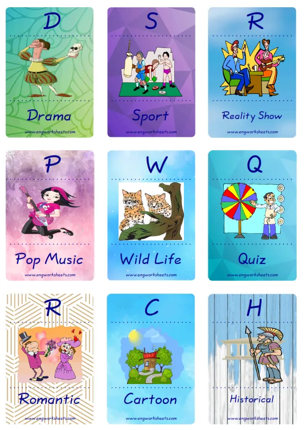 Mini size enjoyable ESL Flashcard Tv Programmes for kids and teachers. Worksheet Preview