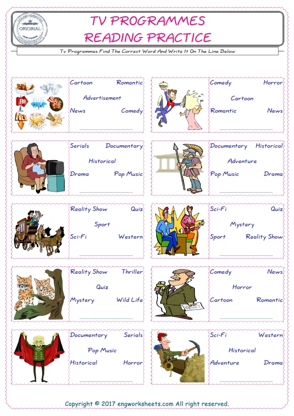 Check the picture of the Tv Programmes for kids ESL worksheet for supplying the correct one among five words into the blank place. Worksheet Preview