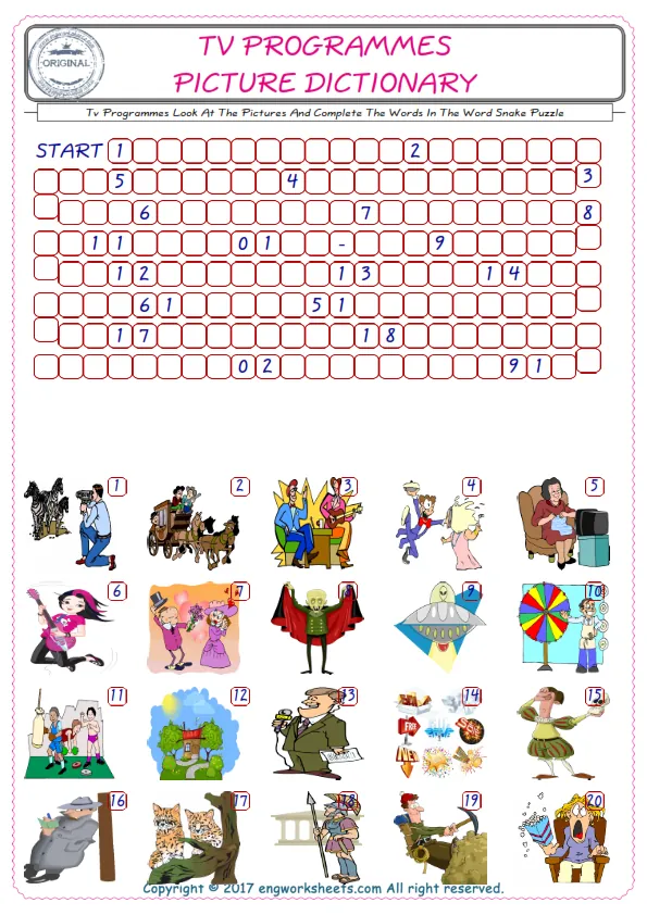 Check the Illustrations of Tv Programmes english worksheets for kids, and Supply the Missing Words in the Word Snake Puzzle ESL play. Worksheet Preview
