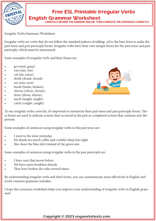 Free Esl Printable Irregular Verbs English Grammar Worksheet Worksheet Preview