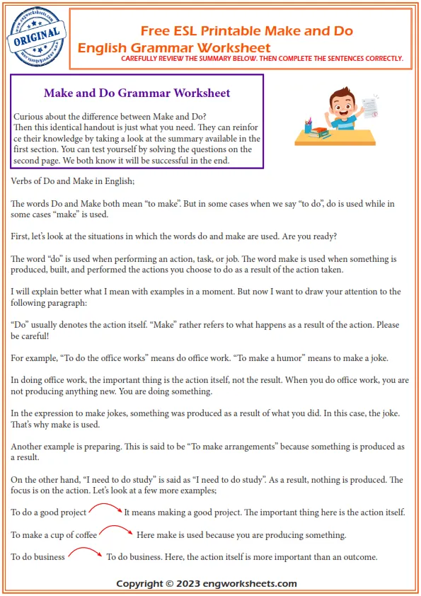 Free Esl Printable Make And Do Esl English Grammar Worksheet Worksheet Preview