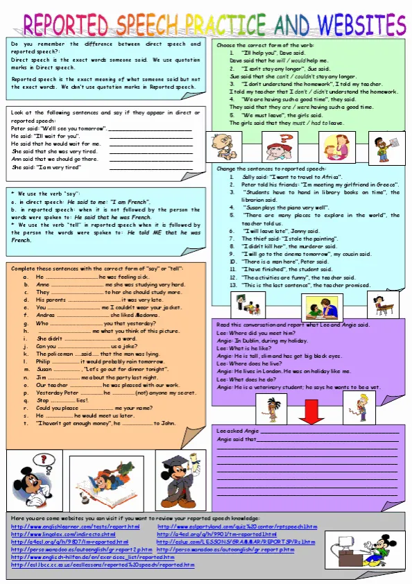 Reported Speech Theory, Practice And Websites Worksheet Preview