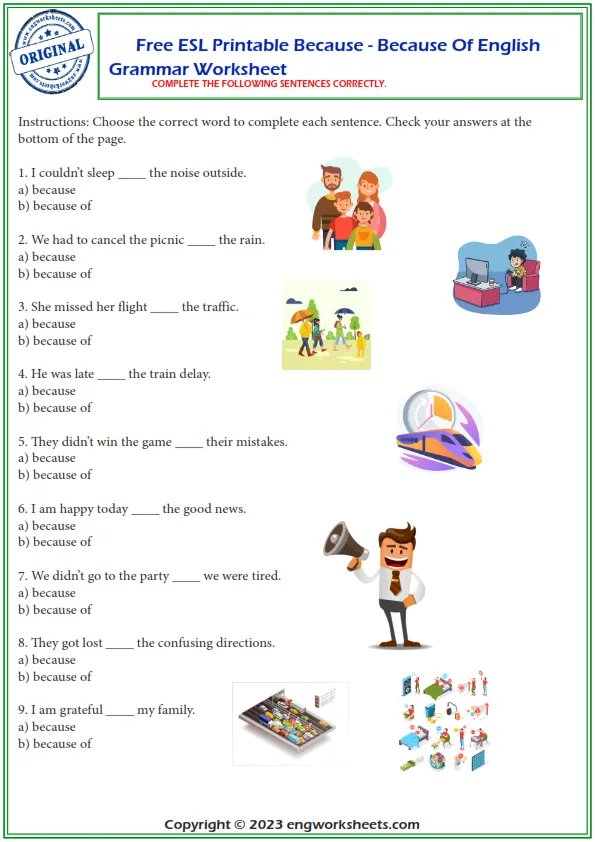 Free Esl Printable Because And Because Of English Grammar Worksheet Worksheet Preview