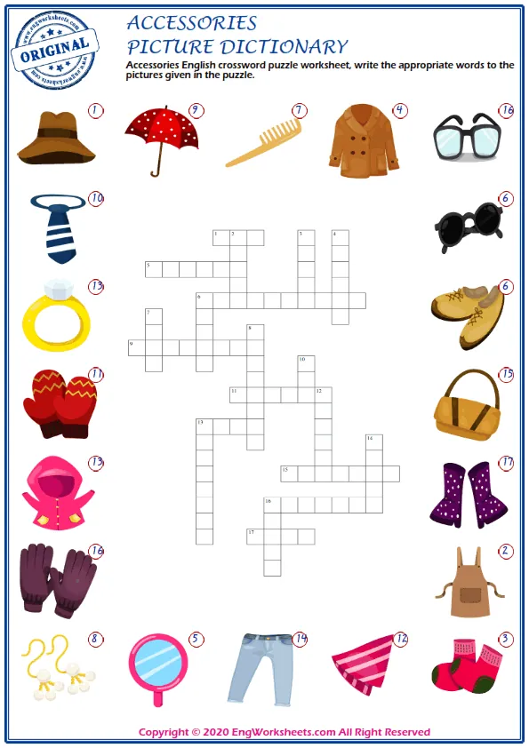 Accessories English crossword puzzle worksheet, write the appropriate words to the pictures given in the puzzle. Worksheet Preview