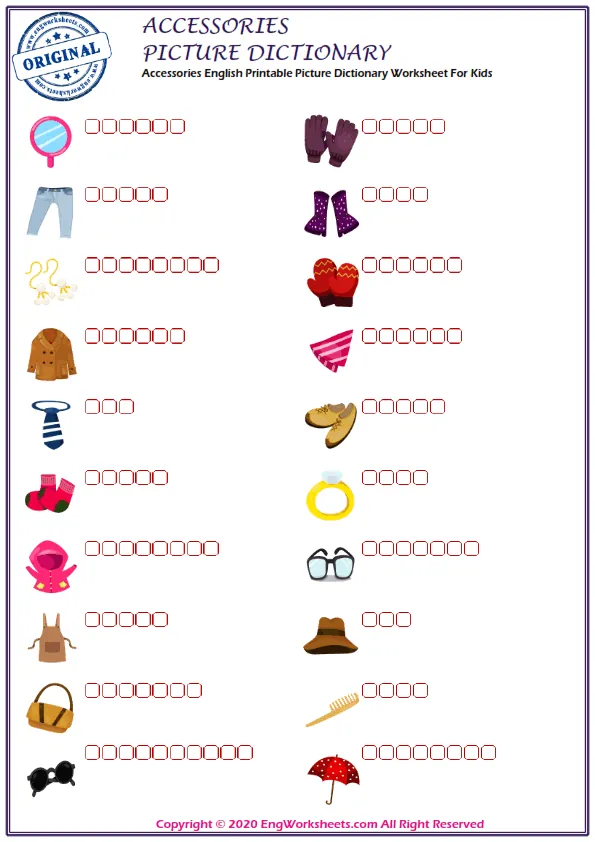 Accessories English Printable Picture Dictionary Worksheet For Kids Worksheet Preview