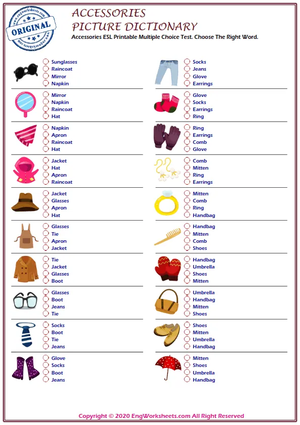 Accessories ESL Printable Multiple Choice Test. Choose The Right Word. Worksheet Preview