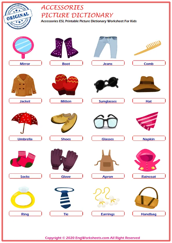 Accessories ESL Printable Picture Dictionary Worksheet For Kids Worksheet Preview