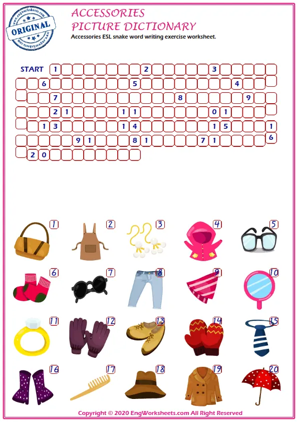 Accessories ESL snake word writing exercise worksheet. Worksheet Preview