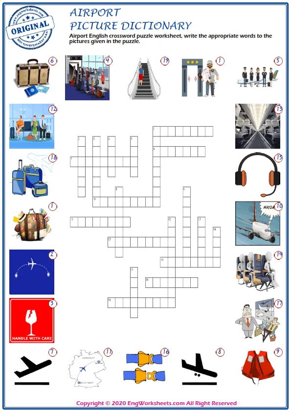Airport English crossword puzzle worksheet, write the appropriate words to the pictures given in the puzzle. Worksheet Preview