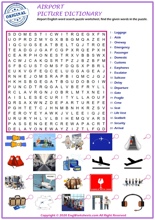 Airport English word search puzzle worksheet, find the given words in the puzzle. Worksheet Preview
