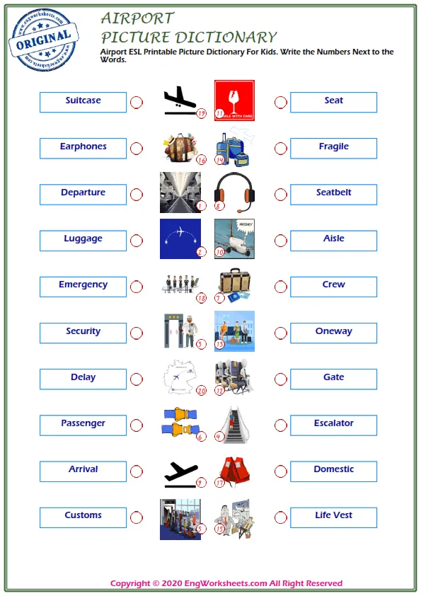 Airport ESL Printable Picture Dictionary For Kids. Write the Numbers Next to the Words. Worksheet Preview