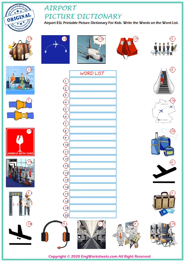 Airport ESL Printable Picture Dictionary For Kids. Write the Words on the Word List. Worksheet Preview