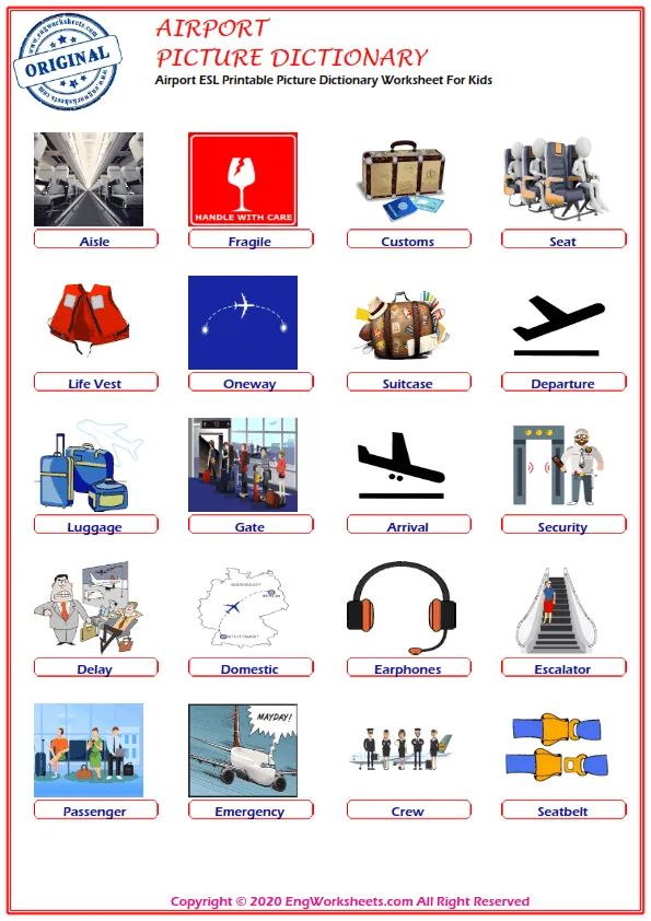 Airport ESL Printable Picture Dictionary Worksheet For Kids Worksheet Preview