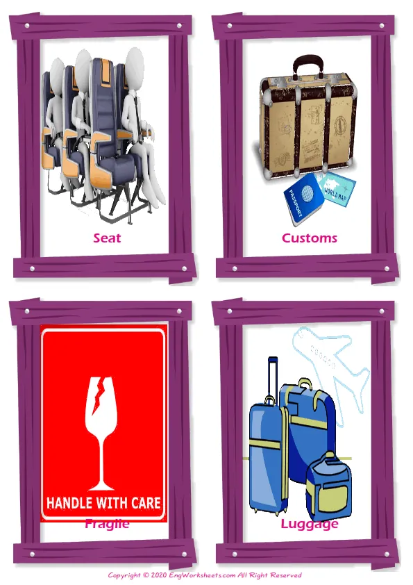 Airport vocabulary worksheet with words, four images per page Worksheet Preview