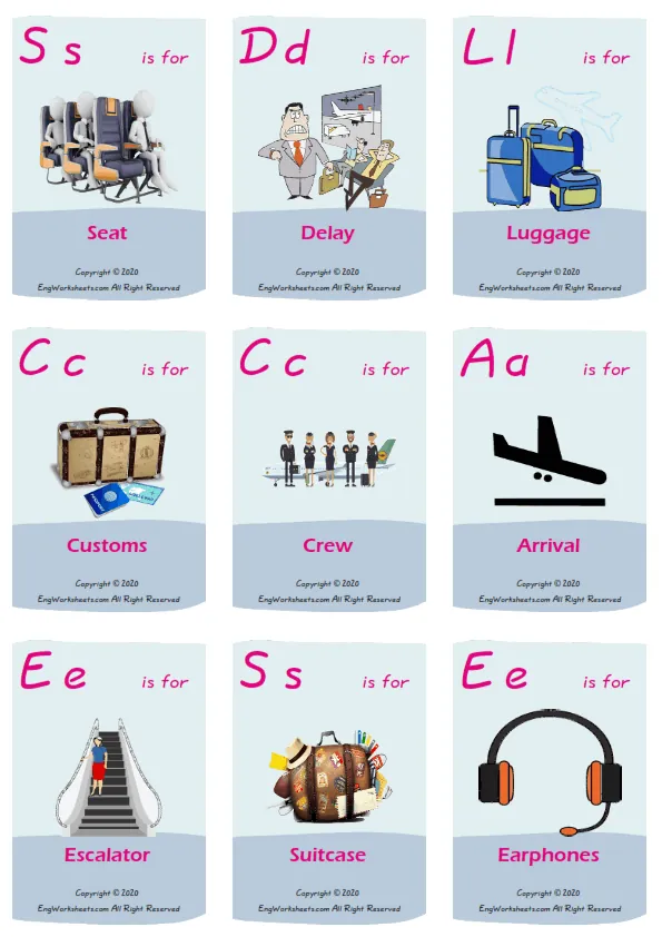 Airport vocabulary worksheet with words, nine images per page Worksheet Preview