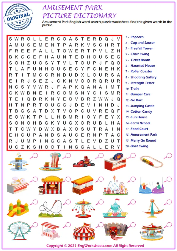 Amusement Park English word search puzzle worksheet, find the given words in the puzzle. Worksheet Preview