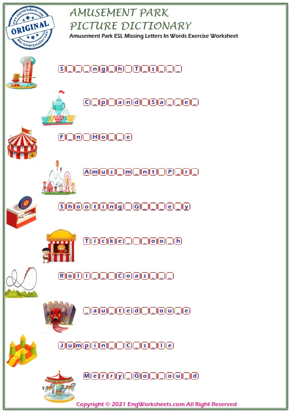 Amusement Park ESL Missing Letters In Words Exercise Worksheet Worksheet Preview