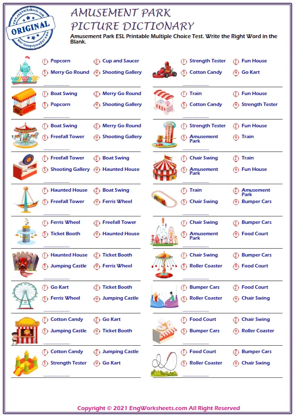 Amusement Park ESL Printable Multiple Choice Test. Write the Right Word in the Blank. Worksheet Preview