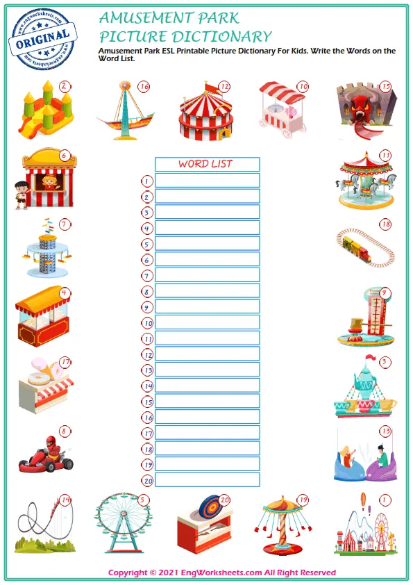 Amusement Park ESL Printable Picture Dictionary For Kids. Write the Words on the Word List. Worksheet Preview