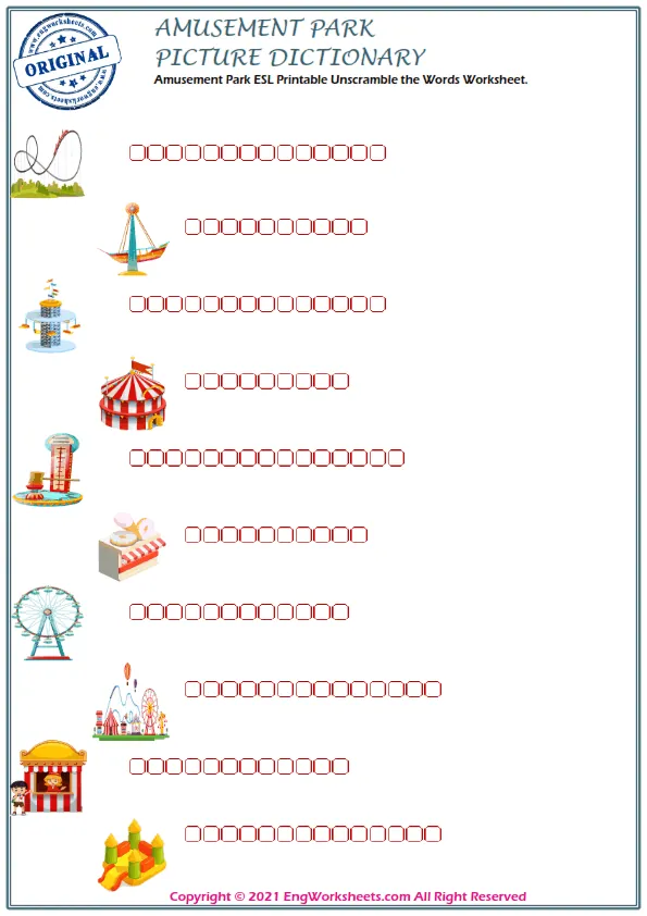 Amusement Park ESL Printable Unscramble the Words Worksheet. Worksheet Preview