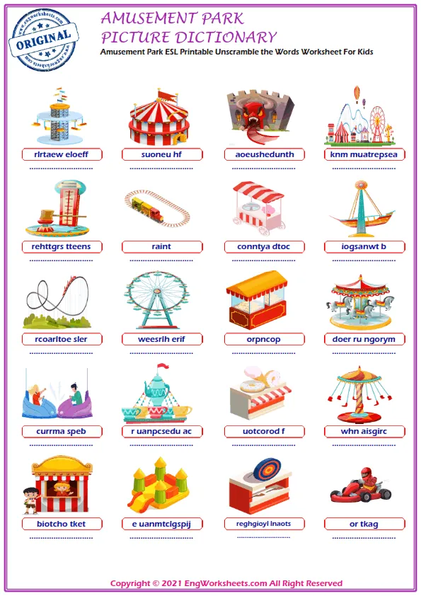 Amusement Park ESL Printable Unscramble the Words Worksheet For Kids Worksheet Preview