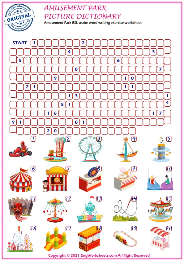 Amusement Park ESL snake word writing exercise worksheet. Worksheet Preview