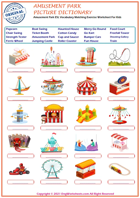 Amusement Park ESL Vocabulary Matching Exercise Worksheet For Kids Worksheet Preview