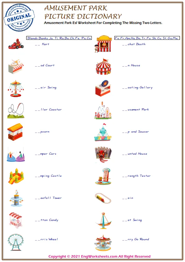 Amusement Park Esl Worksheet For Completing The Missing Two Letters. Worksheet Preview