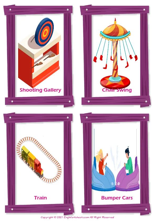 Amusement Park vocabulary worksheet with words, four images per page Worksheet Preview
