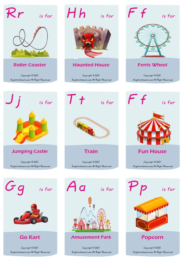 Amusement Park vocabulary worksheet with words, nine images per page Worksheet Preview