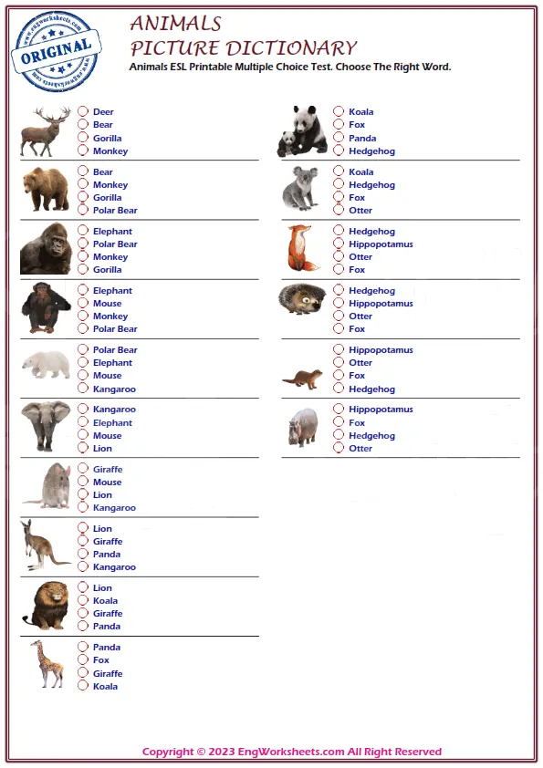 Animals ESL Printable Multiple Choice Test. Choose The Right Word. Worksheet Preview