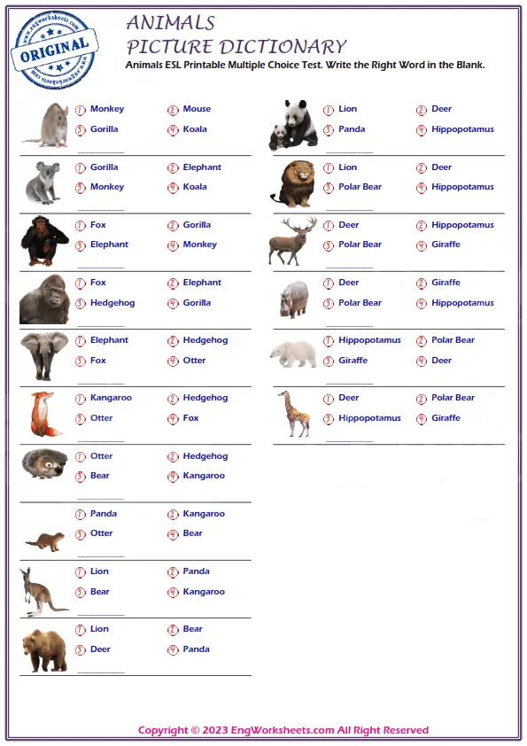 Animals ESL Printable Multiple Choice Test. Write the Right Word in the Blank. Worksheet Preview