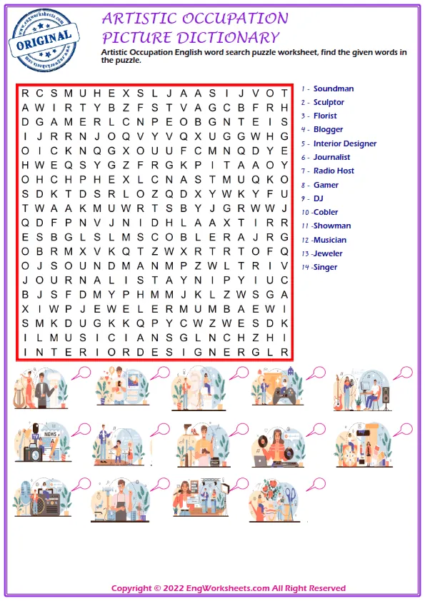 Artistic Occupation ESL Printable Picture Dictionary Worksheet For Kids Worksheet Preview
