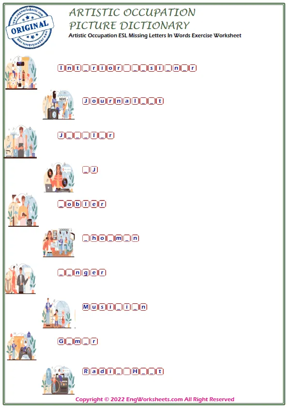 Artistic Occupation English Printable Picture Dictionary Worksheet For Kids Worksheet Preview