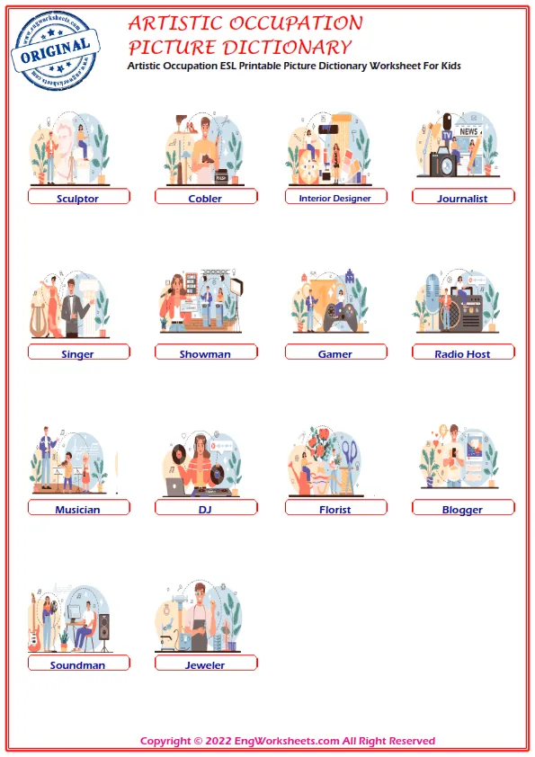 Artistic Occupation ESL Printable Picture Dictionary For Kids. Write the Words in the Word Bank in the Correct Place in the Word List. Worksheet Preview