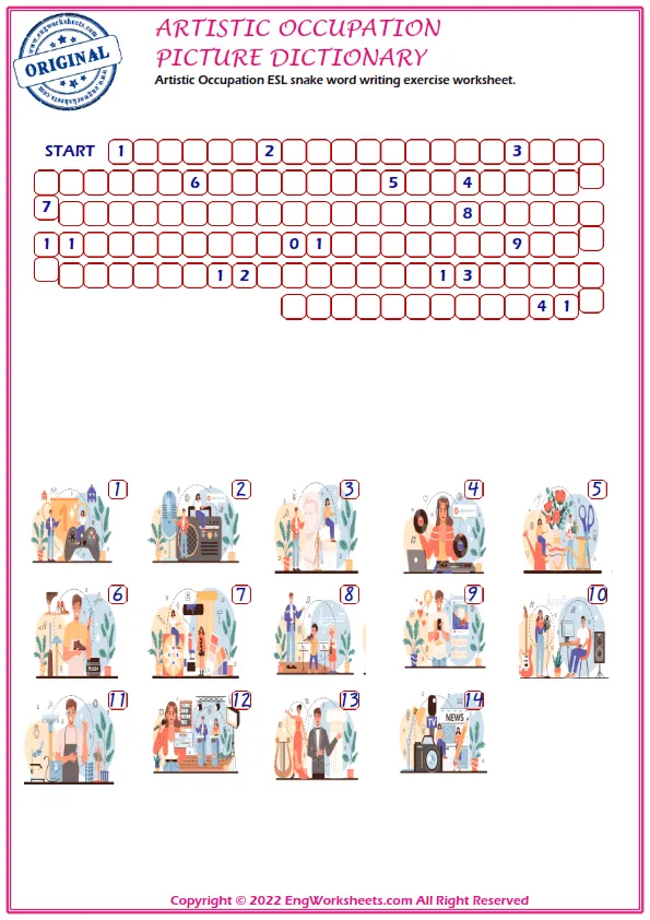 Artistic Occupation ESL Printable Multiple Choice Test. Write the Right Word in the Blank. Worksheet Preview