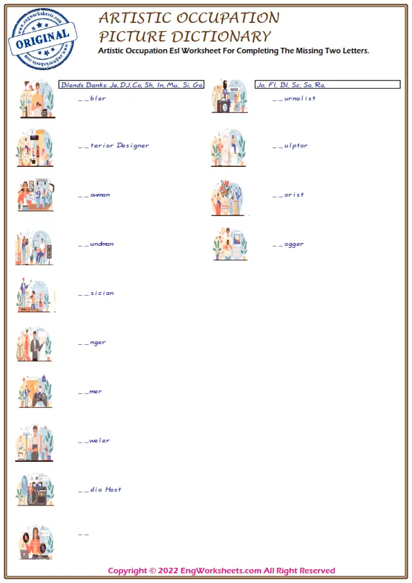 Artistic Occupation ESL Unscramble the Words Worksheets For Kids Worksheet Preview