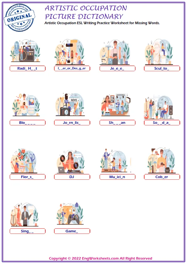 Artistic Occupation ESL Missing Letters In Words Exercise Worksheet Worksheet Preview